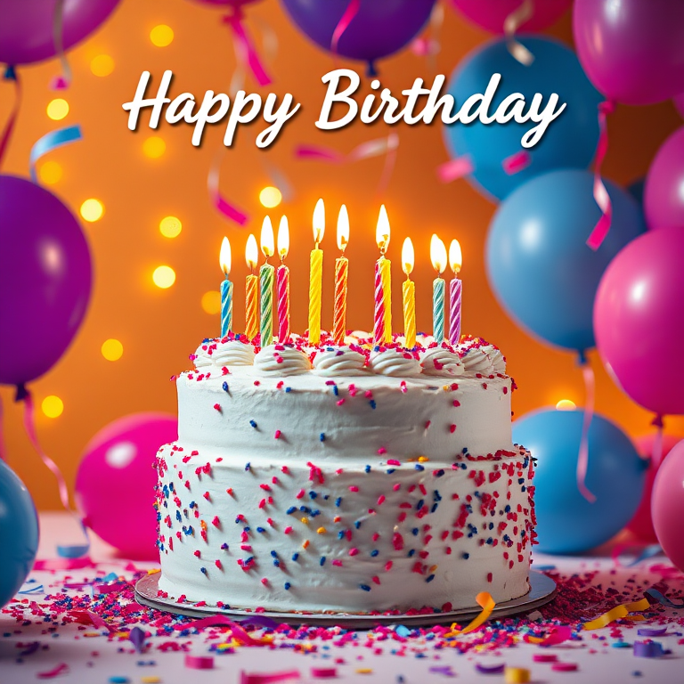 Create an image of a festive birthday celebration featuring a decorated cake with multiple candles lit on top surrounded by colorful balloons in various shades including purple blue and pink scattered confetti and a warm glowing background with a cheerful text saying Happy Birthday