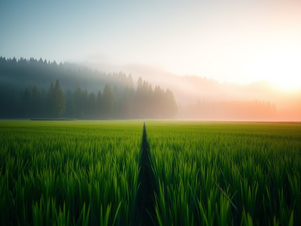 Capture a serene landscape at dawn, featuring lush green fields leading up to a misty forest backdrop, using a Canon EOS 5D Mark IV, 24mm, f/8, ISO 100, in natural light with a slight vignette effect for added depth.