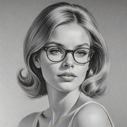 Graceful Robyn, pencil sketch, portrait of Elegant woman 1966s in glasses, hair style beatnik, outline, clear lines, fine lines, 8k