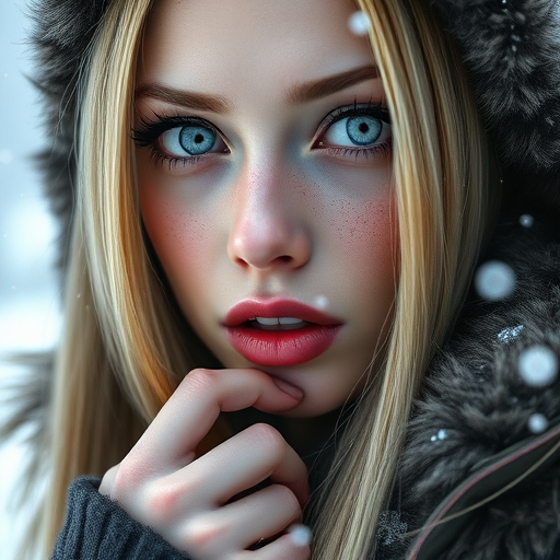 close-up of a stunning gothic style young woman with long straight blonde hair, detailed ice blue doe eyes, full lips, tinted lip gloss, flushed, perfect skin, large fangs, fur coat with hood and animal ears on hood, realistic and delicate facial features, light snow fall with large snow flakes,  photorealistic rendering, One hand resting on the chin, shoulders slightly hunched, head tilted slightly downwards. detailed photorealism style, detailed skin pore style, perfection style