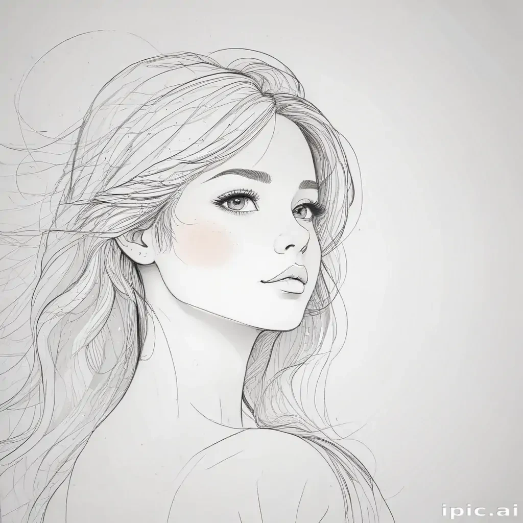 Elegant Sketch of a Young Woman with Flowing Hair and Soft Features