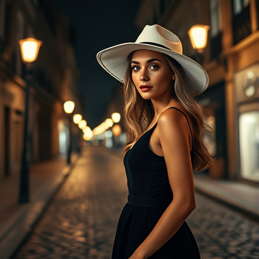 Regenerate an image of a stylish woman wearing a white hat and a black dress, standing in a cobblestone street at night with vintage street lamps illuminating the scene, use a Canon EOS R5, 50mm lens, f/1.8 aperture, ISO 100, and a soft focus effect for a dreamlike quality.