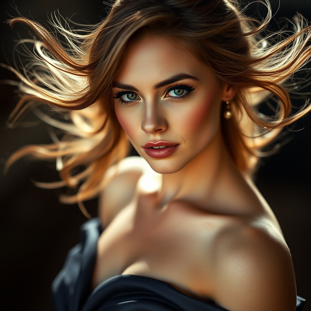 portrait of a woman with flowing hair in an elegant gown, soft diffused lighting, shallow depth of field, 50mm lens, f/1.8 aperture, ISO 100, high resolution, captured with a DSLR camera, focus on facial features and texture details.