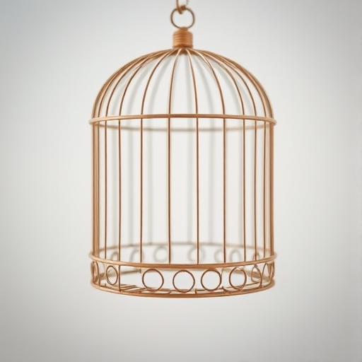 Create a high-quality image of a birdcage with a minimalist design, captured using a DSLR camera with a 50mm lens, aperture set to f/1.8, ISO 100, in a well-lit studio setting, using a shallow depth of field to focus on the cage while softly blurring the background.