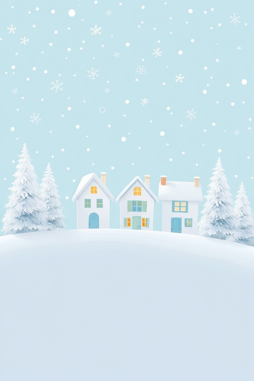 Create a winter scene with a light blue background featuring falling snowflakes. Include a row of white, cozy houses with windows and chimneys, alongside white evergreen trees. The ground should be gently sloping and covered with snow, creating a peaceful and festive atmosphere.