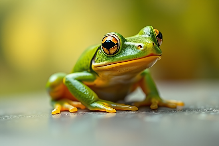 Regenerate the image of a green frog sitting on a surface, using a DSLR camera with a 50mm lens, aperture set to f/2.8 for a shallow depth of field, ISO 200 for optimal light capture, in natural light, focusing on the vibrant green and yellow colors to enhance details and texture.