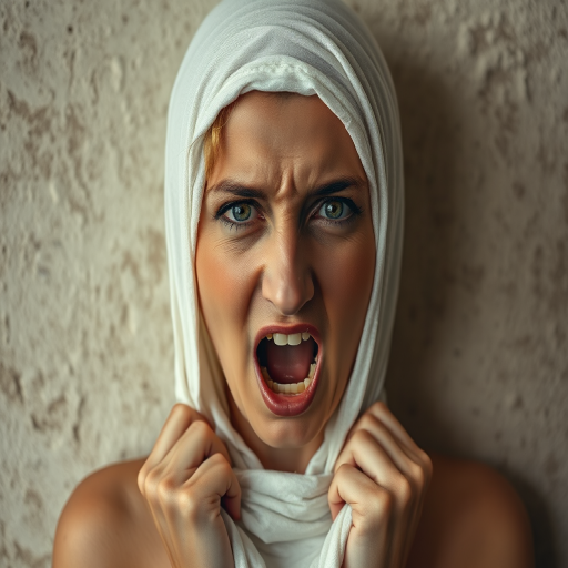 Create a close-up photographic image of a Assyrian woman with light skin tones shown against an old, worn wall. Their head is wrapped in a white cloth covering (i.e.... parts of the head except the nose and mouth, which are open as if they are screaming...), with a slight texture and visible folds in the fabric. Thin strands of blonde hair escape from the wrapping above, falling lightly at the top and sides. Their hands hold the fabric as if they are tugging nervously. The lighting is dramatic and even, casting strong shadows. The image has a minimalist and surreal style with an emphasis on simplicity with soft color tones. The composition is centered.