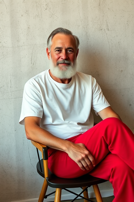 portrait of a stylish older man with a beard wearing a white t-shirt and red pants sitting on a chair against a textured wall, natural lighting, aperture f/2.8, shutter speed 1/60s, ISO 100, 50mm lens, medium format camera, soft focus background