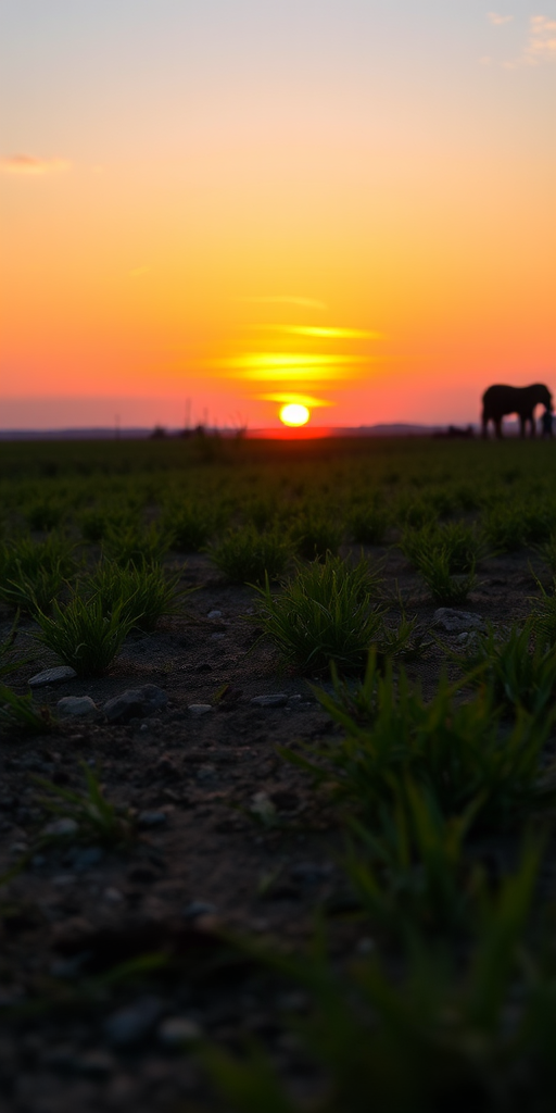 Generate a high-resolution image of a serene landscape at sunset with vibrant colors, using a DSLR camera, 35mm lens at f/2.8, ISO 100, 1/250 shutter speed, taken from a low angle for depth and perspective, in natural lighting for enhanced detail and texture.