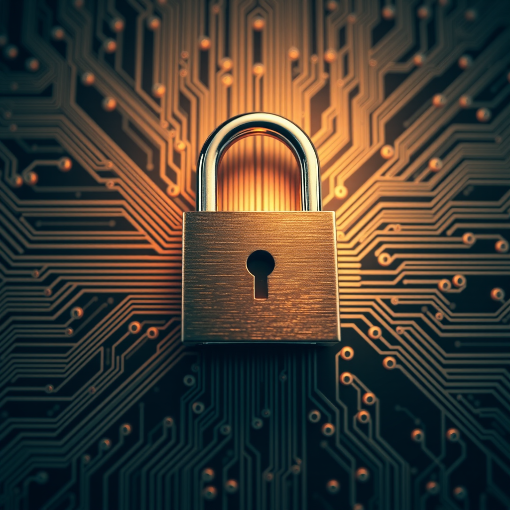 Create a high-resolution digital illustration of a padlock overlaid on a circuit board background, with a 50mm lens, f/2.8 aperture, ISO 100, and soft lighting to enhance depth and detail.