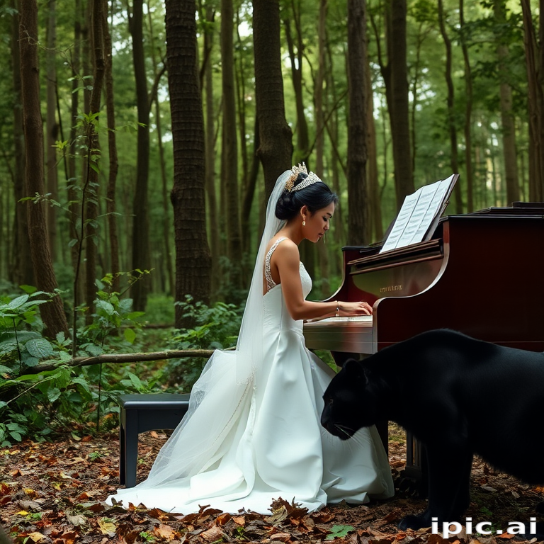 A Thai woman in a wedding dress plays the piano in the forest and a big black panther is crouching beside her.