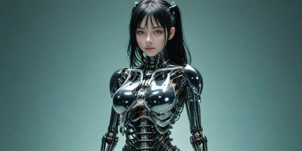 masterpiece, newest, masterpiece, best quality, amazing quality, very aesthetic, absurdres, 1girl, android, aqua eyes, black hair, bone, glowing, gradient background, looking at viewer, mechabare, mechanical spine, medium hair, ribs, robot, science fiction, see-through body, skeletal body, slime solo, spine, translucent, transparent, scars,