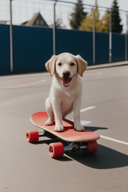 an image of a dog on a red skateboard