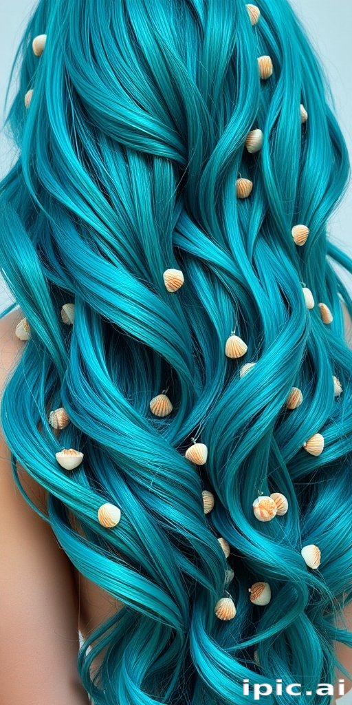 Vibrant teal mermaid waves cascade down her shoulders in the "Oceanic Dreamscape" style, shimmering with iridescent highlights and adorned with tiny seashells woven throughout the lustrous strands