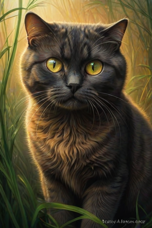 Digital art, A Scottish fold cat with piercing green eyes gazes intently at the viewer, its fur a mix of orange and black. The cat's tail twitches as it moves, detailed art, stylized by Tomasz Alen Kopera, Surrealistic painting, intricate and detailed imagery, exploration of the subconscious and dreamlike realms