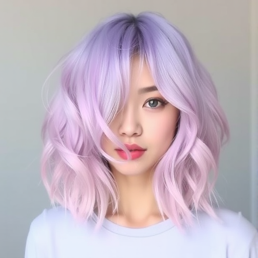 Pastel lavender bob with soft pink undertones, Whisper's hair embodies delicate femininity, featuring gentle waves and wispy bangs that frame the face in a dreamy, romantic manner