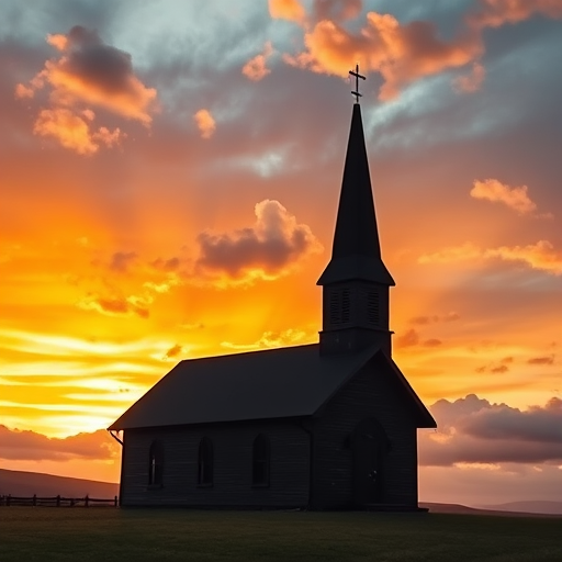 Capture a high-resolution image of a small black church with a steeple against a dramatic sky, using a DSLR camera, 50mm lens, ISO 100, f/8 aperture, and a shutter speed of 1/200 sec, in soft natural light during golden hour to enhance shadows and highlights.