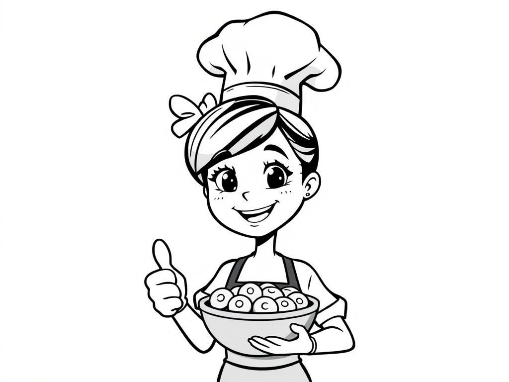 Create a cute black and white cartoon of a bakery girl with a chef hat holding a bowl of cookies, smiling and giving a thumbs up, flat design, studio lighting, 50mm lens, f/4 aperture, soft focus, high resolution.