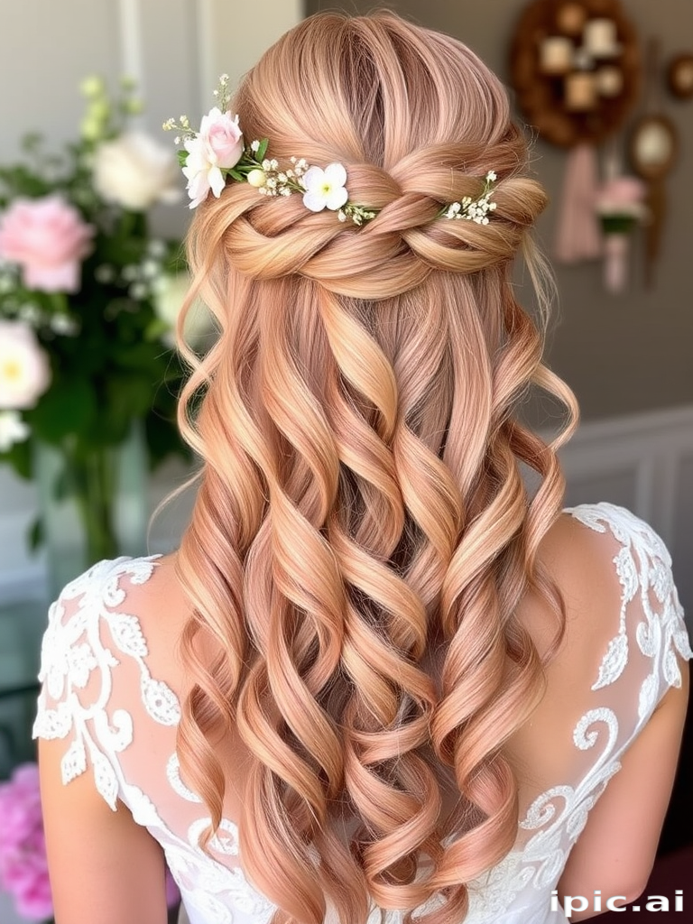 Romantic rose gold ringlets called "Blush Blossom" cascade elegantly down the back, interwoven with delicate floral accessories and subtle champagne-colored lowlights