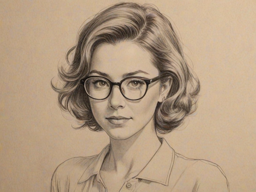 Fascinating Christa Miller, pencil sketch, portrait of Captivating woman 1945s in glasses, hair style beatnik, outline, clear lines, fine lines, 8k