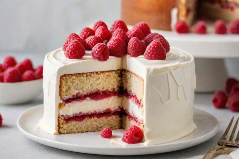 Create an image of a beautifully layered cake with three distinct layers. The cake has a light, fluffy texture and is filled with raspberry filling. The outer layer is covered in a smooth white frosting, and there are fresh raspberries placed around the cake. The setting is bright and minimalistic, with the cake presented on simple white plates.