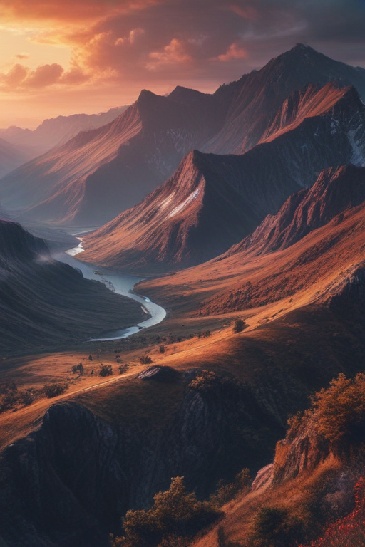 Majestic Mountain Landscape at Sunset with Winding River and Lush Valleys