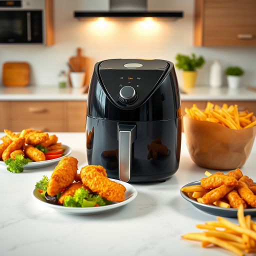 A sleek black air fryer on a bright modern kitchen countertop surrounded by crispy golden chicken tenders fresh vegetables and delicious fries with a minimalistic design and vibrant colors