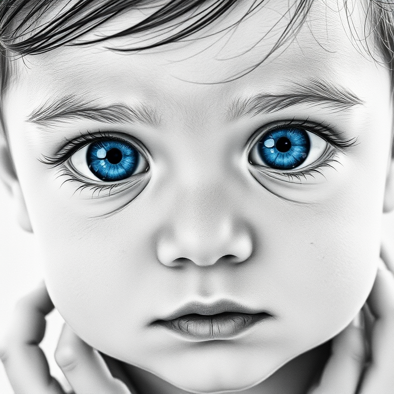 A hyperdetailed photorealistic black and white sketch of a beautiful toddler with deep blue eyes, with a macro focus