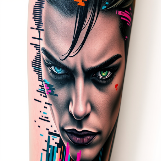 Edgy "Glitch Art Realism" tattoo approach combining hyper-realistic portraiture with intentional digital distortions and pixelation effects, using a palette of muted grays and pops of vivid RGB colors to create a striking contrast between the lifelike details and the surreal, tech-inspired glitches, resulting in a thought-provoking piece that blurs the line between traditional and digital art