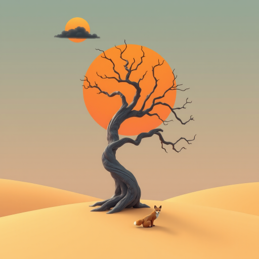 3D Geo-abstract landscape pastel muted colours. abstract tree with twisted contorted trunk. round vivid orange opaque sun in sky with single dark cloud. tiny fox. Topaz Look filter applied plus Topaz edge. Generative fill with some objects in PS.