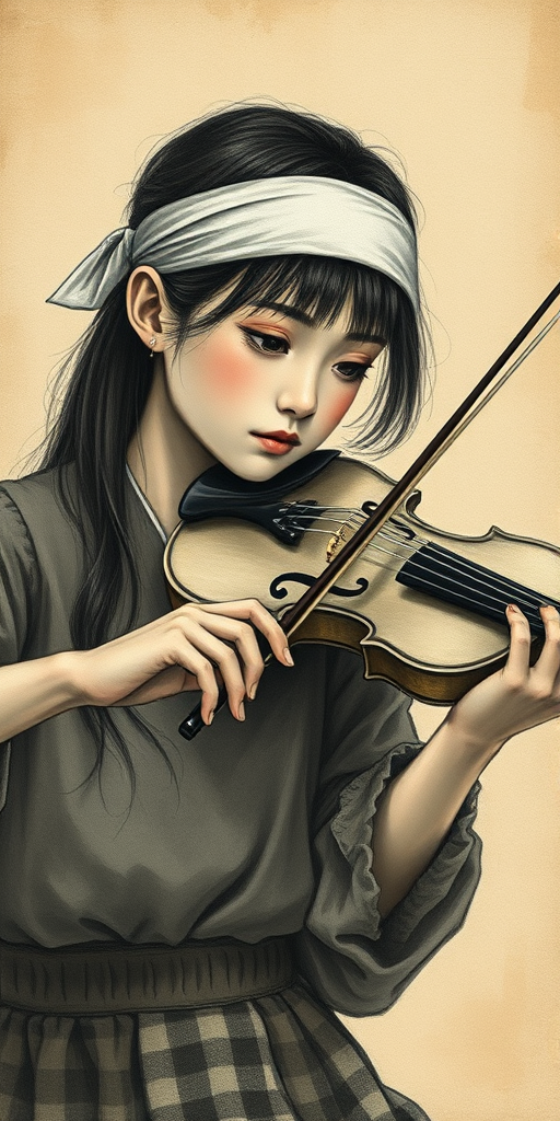 a young Ainu woman with a white headband playing a violin, in the style of a charcoal drawing, sepia grunge background