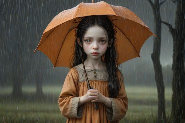 An eerie, weird little girl with dark hair in thin pigtails, wearing a smock dress, standing in the rain, holding a dirty orange umbrella, a small, odd creature beside her. In a surreal style inspired by Nicoletta Ceccoli and Brian Froud. Dark fantasy themes