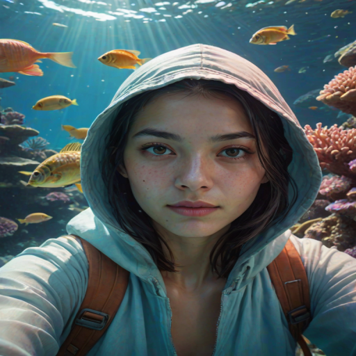 Realistic selfie image of a Chinese, wearing a vintage outfit, detailed dreamy eyes, droopy hooded eyes, staring at the camera, taken underwater at coral reef with a sunbeam filtering through the water, vibrant, summer vacation, natural lighting, turtle and school of tropical fish with vibrant colors, rendered in the style of CryEngine, Pegi Nicol MacLeod, with realistic genre scenes, hauntingly beautiful narratives, ultra-realism, and Thomas Saliot's close-up technique, 8K resolution, crystal clear and sparkling water.