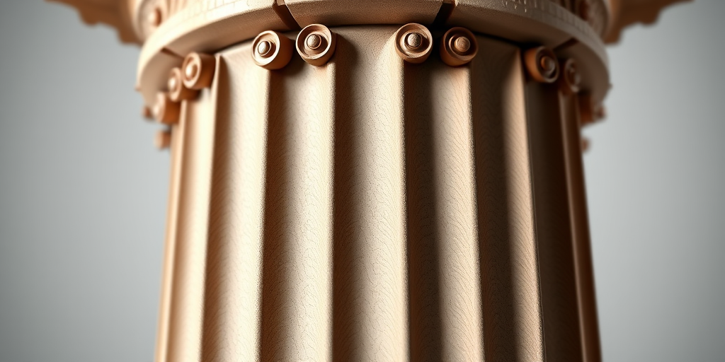 Create a detailed 3D rendering of a classical Corinthian column with intricate scroll details, using a DSLR camera with a 50mm lens, f/1.8 aperture, ISO 100, and a soft focus background for enhanced depth of field.