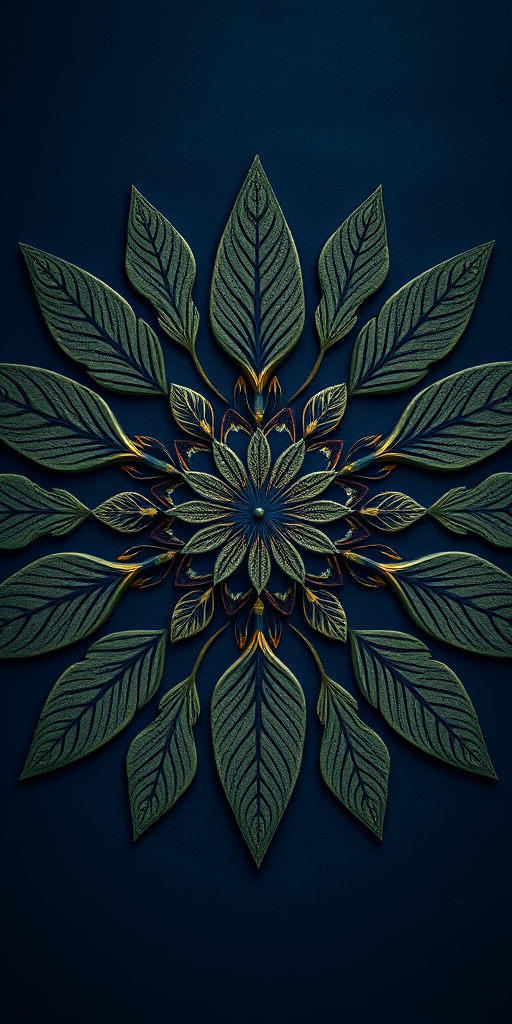 create a highly detailed symmetrical mandala design featuring intricate leaf patterns with a dark blue background, shot with a DSLR camera at f/8 aperture, ISO 100, 50mm lens, capturing a top-down view in natural light to enhance texture and depth