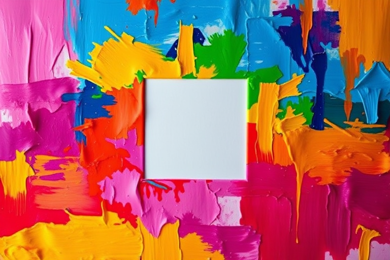 Create an abstract vibrant painting with bright colors and a central blank square, captured with a DSLR camera using a 50mm lens, aperture f/1.8, ISO 100, at a high dynamic range, soft focus, and saturation enhancements.