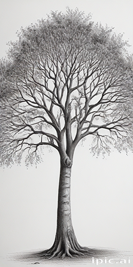 Intricate Black and White Illustration of a Leafless Tree with Detailed ...