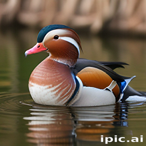 A Beautiful Male Mandarin Duck Swimming Gracefully in Tranquil Waters.