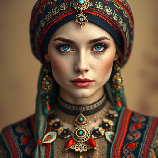 Create a portrait of a beautiful Circassian woman with striking cyan eyes and a gentle expression. She is adorned in traditional attire with intricate patterns, including a richly embroidered headscarf and matching garments. Her jewelry includes a delicate headpiece, dangling earrings, and ornate bracelets, all featuring vibrant gemstones and detailed metalwork. The background is soft and warm, enhancing the rich colors of her outfit and jewelry.
