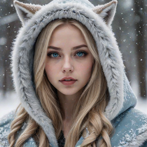 close-up of a stunning gothic style young woman with long straight blonde hair, detailed ice blue doe eyes, full lips, tinted lip gloss, flushed, perfect skin, large fangs, fur coat with hood and animal ears on hood, realistic and delicate facial features, light snow fall with large snow flakes,  photorealistic rendering, One hand resting on the chin, shoulders slightly hunched, head tilted slightly downwards. detailed photorealism style, detailed skin pore style, perfection style