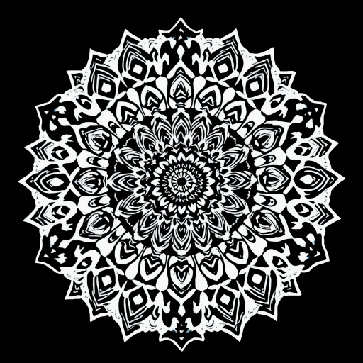 Create an intricate mandala design with high contrast, using a Canon EOS R5 camera at f/8 aperture, ISO 100, 1/125 sec shutter speed, with a 50mm lens in a top-down view for a clean background.