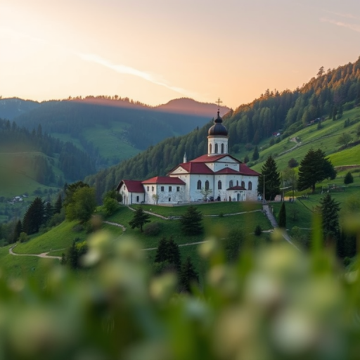 Regenerate the image of a picturesque monastery nestled in a lush green valley, captured during golden hour with a Canon EOS R5, 24mm lens, aperture f/8, ISO 100, shutter speed 1/125 sec, with a shallow depth of field and soft bokeh effect to enhance foreground and background detail.