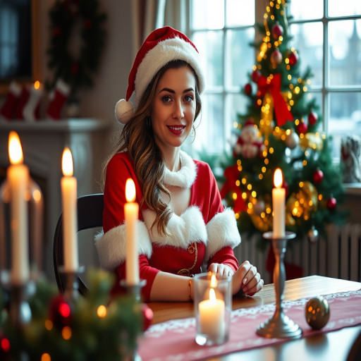 portrait of a woman in a festive Santa outfit sitting at a candlelit table with holiday decorations, shallow depth of field, f/1.8 aperture, ISO 200, 50mm lens, soft natural lighting, DSLR camera