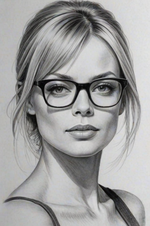 Resplendent Jamie Pressly, pencil sketch, portrait of Captivating woman 1975s in glasses, hair style beatnik, outline, clear lines, fine lines, 8k