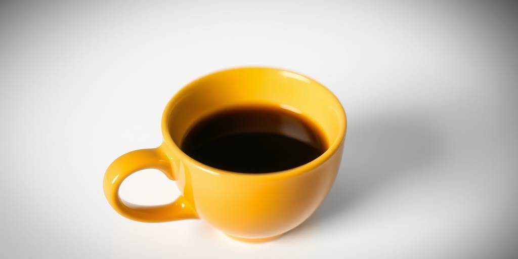 A yellow coffee cup filled with dark coffee, front view, soft lighting, 50mm lens, f/2.8 aperture, shallow depth of field, studio setting.