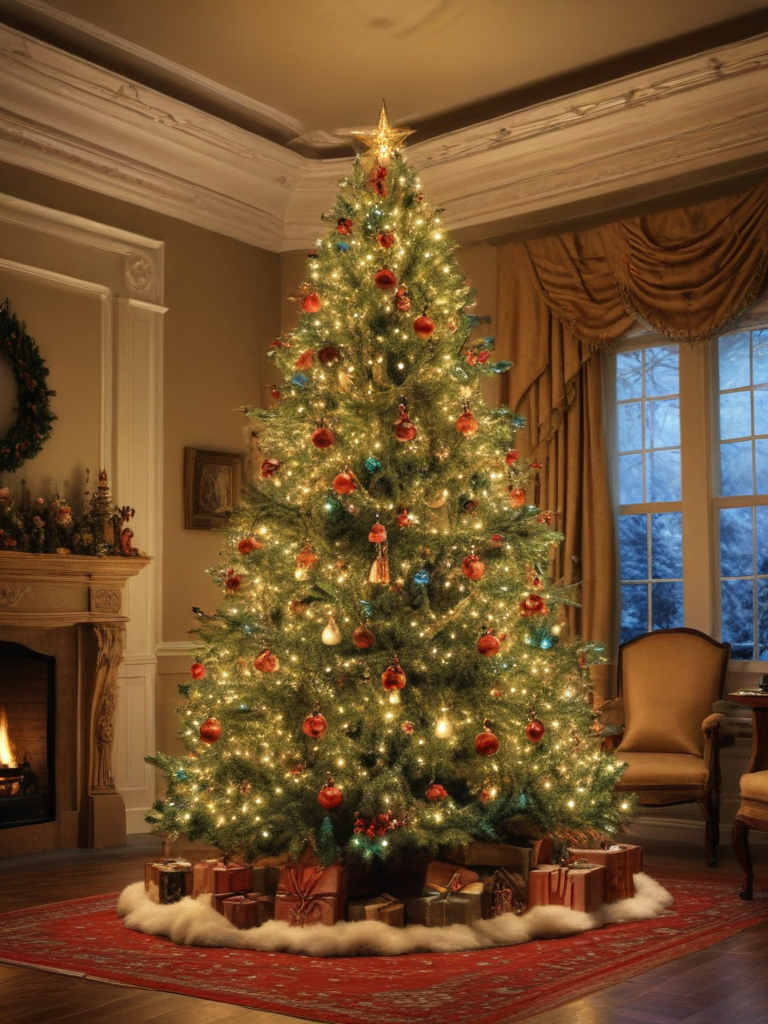 Cozy Living Room Decorated for Christmas with a Beautiful Tree and Gifts