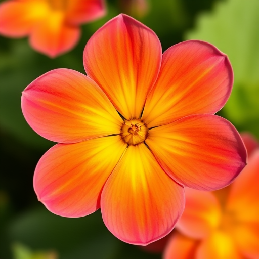 Create a vibrant illustration of a five-petaled flower with a yellow center, use a high-resolution setting at 300 DPI, with a top-down view, employing a macro lens on a DSLR camera for enhanced clarity and detail.