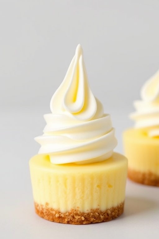 Create an image of three mini cheesecakes with a smooth yellow filling and a swirl of whipped cream on top each placed on a light gray background. The cheesecakes should have a crumbly graham cracker crust at the bottom, and the whipped cream should be elegantly piped in a tall swirl. The overall appearance should be fresh, inviting, and appetizing.