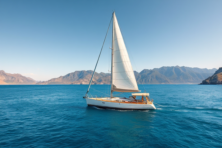 sailing boat on clear blue water with mountains in the background during daylight, captured with a Canon EOS R5 at f/8, 1/200s, ISO 100, wide-angle lens, aerial view, high dynamic range imaging
