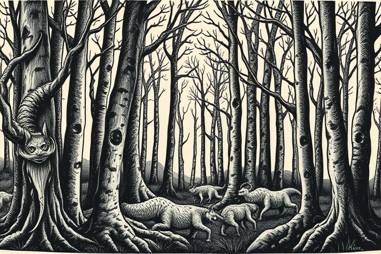 Woodcut-style tattoo titled "Mythic Grove" featuring a detailed forest scene with mythical creatures hidden among the trees, using bold black lines and crosshatching to create texture and depth